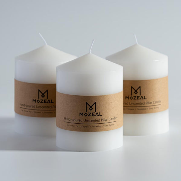 MOZEAL 3" x 4" Hand-Poured Unscented White Pillar Candles,Dripless Candles Set of 3,Smokeless,Clean Burning,Approx 60 Hours Burn Time,Wedding,Dinner,Christmas and Home Decor(3 Inch Width Series)