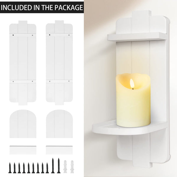 Rustic Wood Wall Sconces Set of 2 - Farmhouse Floating Candle Holders for Home Decor, White Wall Shelf for Living Room, Dining Room, Bedroom, Bathroom