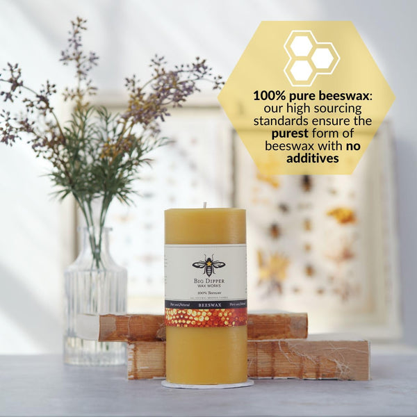 Big Dipper Wax Works Beeswax Pillar Candle, 90-Hour Long Burn, Pure Beeswax Candle, Large 3" x 6"