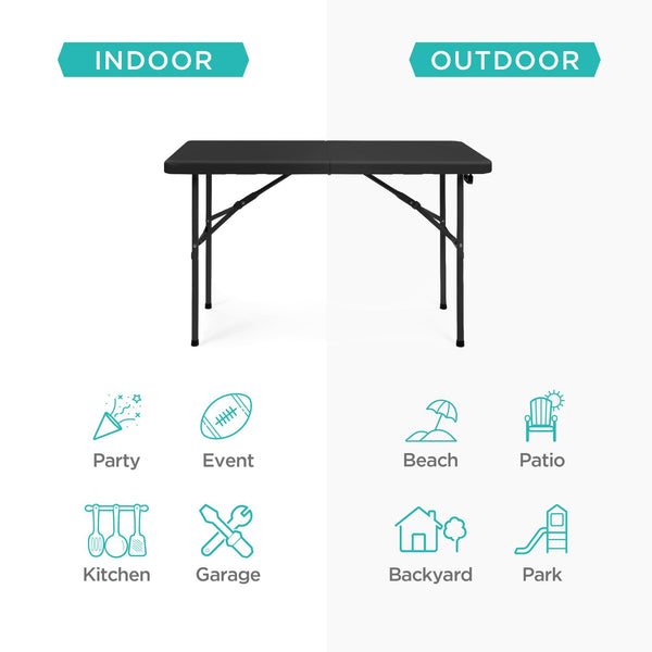 Best Choice Products 4ft Plastic Folding Table, Indoor Outdoor Heavy Duty Portable w/Handle, Lock for Picnic, Party, Camping - Black