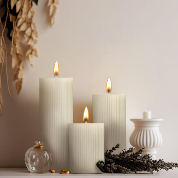 MTLEE Ribbed Pillar Candles Set of 3, Width 3" High 4" 6" 8" Large Scented Pillar Candles Decorative Aesthetic Candles Modern Home Decor(Cream)