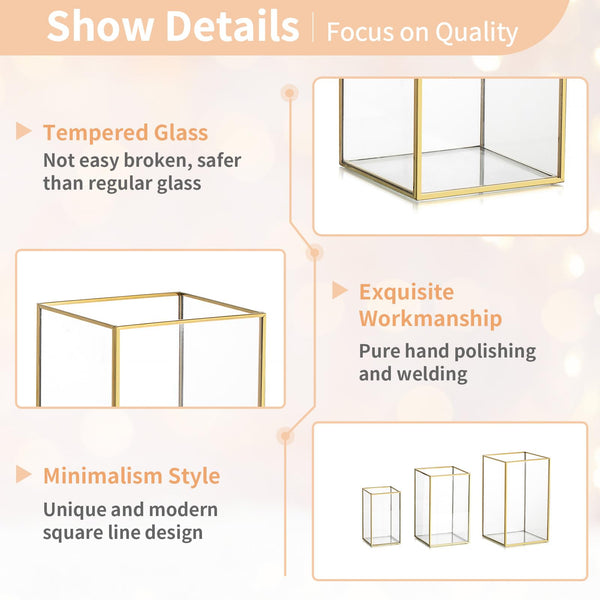 NUPTIO Candle Lantern for Wedding Centerpiece: 18 Pcs Clear Hurricane Glass Pillar Candles Holder with Gold Frame Bulk Decorative Candle Lanterns for Christmas Dining Table Decor 8.1 & 6.5 & 4.7 inch
