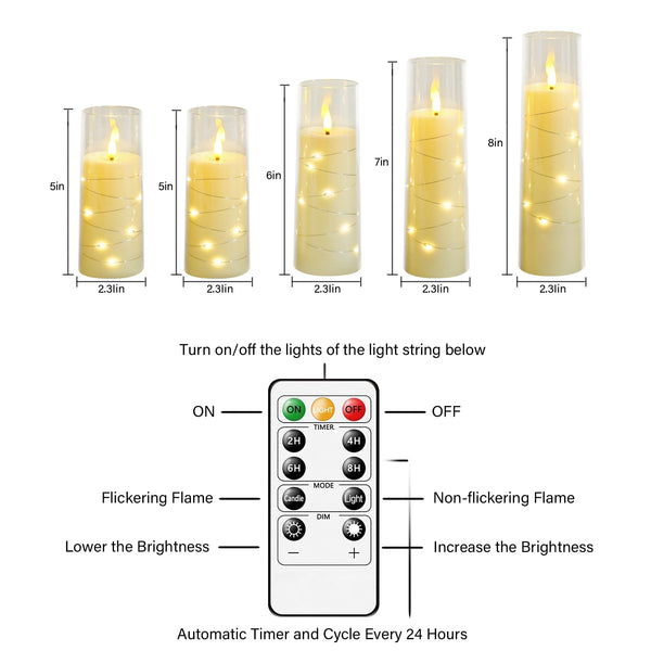 Nimiko Flickering Flameless LED Candles,Battery Operated Candles 5 Pcs with Embedded Star String,Acrylic LED Pillar Candles with Remote,Suitable for Home Decoration to Create an Atmosphere(Ivory)