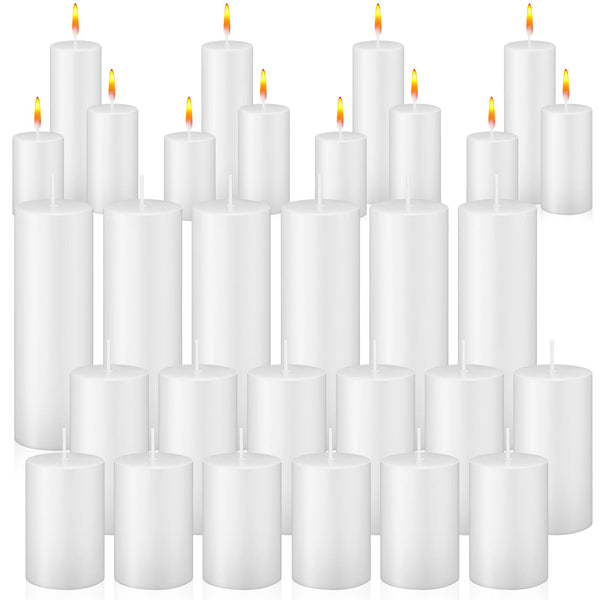 MTLEE 36 Pcs Pillar Candles Bulk Unscented Candle Set 38 Hour Long Burning Candles Dripless Clean Burning Dinner Candle for Emergency Wedding Spa Party (White,3 Sizes)