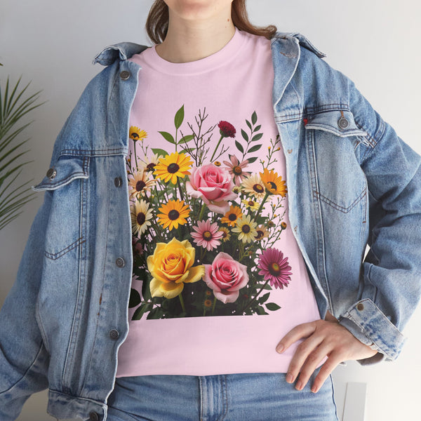 Wildflowers and Pink & Yellow Roses, Graphic T-Shirts for Women, Floral Shirt, Womens Short Sleeve, Ladies Graphic Tees #5150TTS