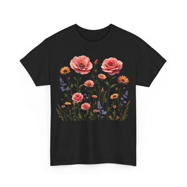 Wildflowers and Pink Roses, Graphic T-Shirts for Women, Floral Shirt, Womens Short Sleeve, Ladies Graphic Tees #5015TTS