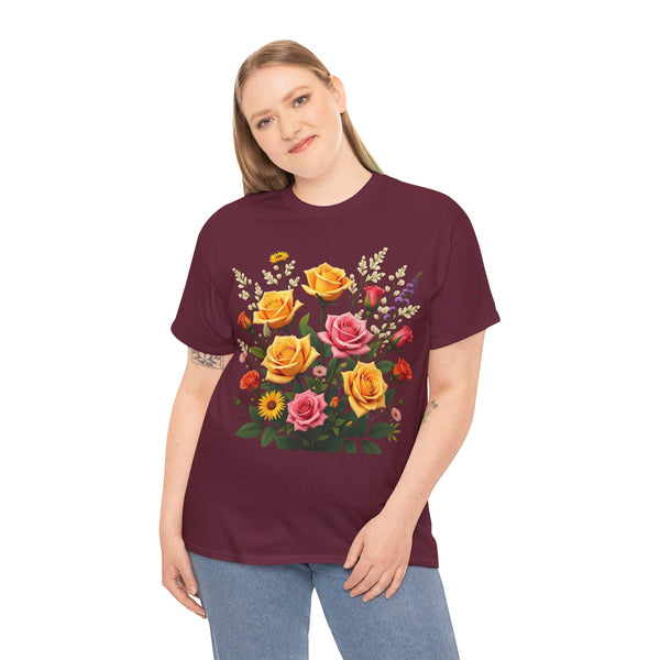 Wildflowers and Pink & Yellow Roses, Graphic T-Shirts for Women, Floral Shirt, Womens Short Sleeve, Ladies Graphic Tees #5142TTS