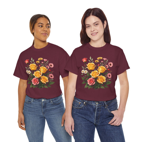 Wildflowers and Pink & Yellow Roses, Graphic T-Shirts for Women, Floral Shirt, Womens Short Sleeve, Ladies Graphic Tees #5137TTS