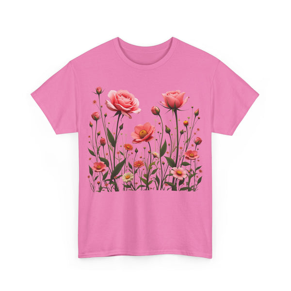 Wildflowers and Pink Roses, Graphic T-Shirts for Women, Floral Shirt, Womens Short Sleeve, Ladies Graphic Tees #5022TTS