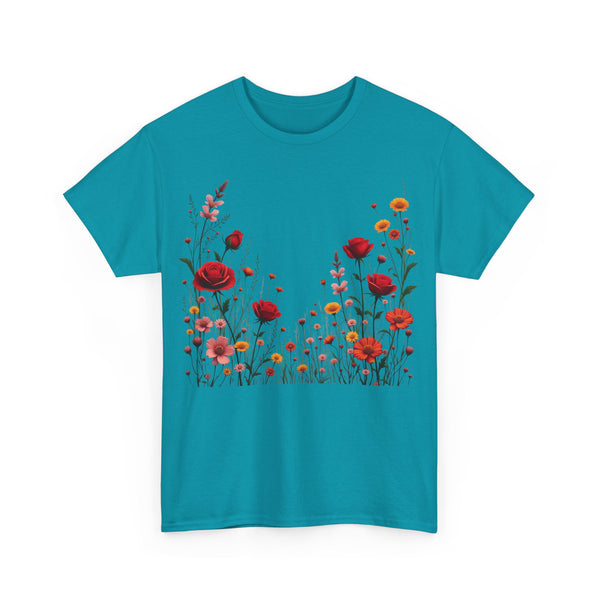 Wildflowers and Red Roses, Graphic T-Shirts for Women, Floral Shirt, Womens Short Sleeve, Ladies Graphic Tees #5033TTS