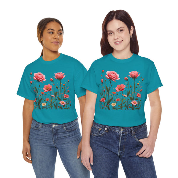 Wildflowers and Pink Roses, Graphic T-Shirts for Women, Floral Shirt, Womens Short Sleeve, Ladies Graphic Tees #5022TTS