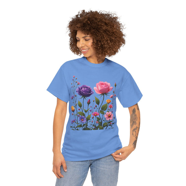Wildflowers and Pink/Violet Roses, Graphic T-Shirts for Women, Floral Shirt, Womens Short Sleeve, Ladies Graphic Tees #5101TTS