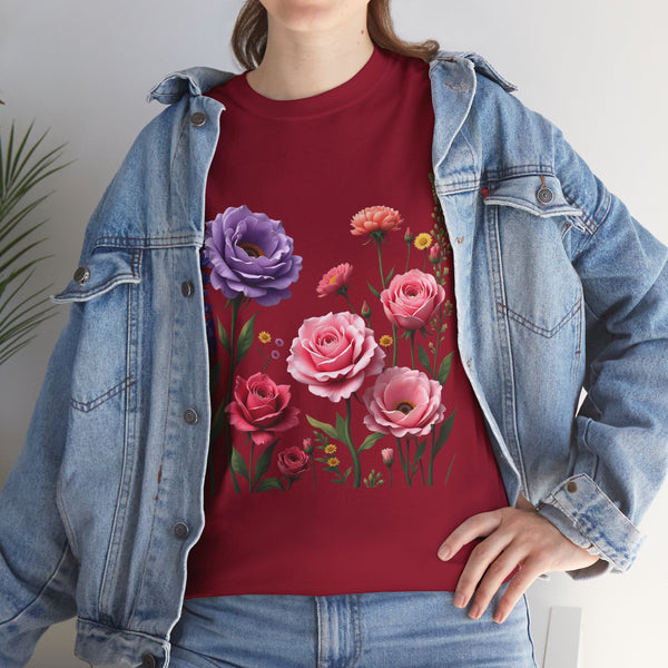 Wildflowers and Pink/Violet Roses, Graphic T-Shirts for Women, Floral Shirt, Womens Short Sleeve, Ladies Graphic Tees #5100TTS