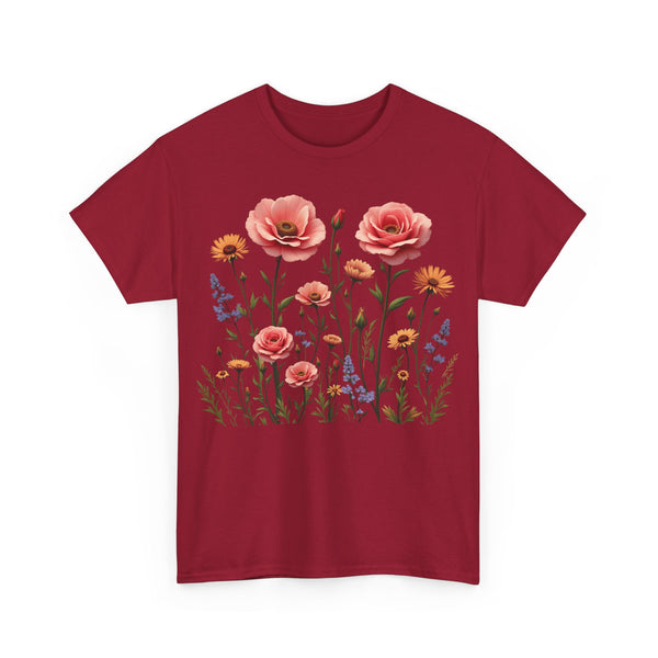 Wildflowers and Pink Roses, Graphic T-Shirts for Women, Floral Shirt, Womens Short Sleeve, Ladies Graphic Tees #5015TTS