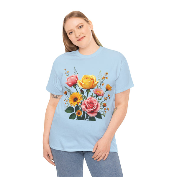 Wildflowers and Pink & Yellow Roses, Graphic T-Shirts for Women, Floral Shirt, Womens Short Sleeve, Ladies Graphic Tees #5146TTS