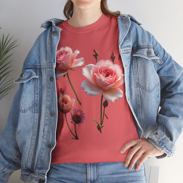Wildflowers and Pink Roses, Graphic T-Shirts for Women, Floral Shirt, Womens Short Sleeve, Ladies Graphic Tees #5019TTS