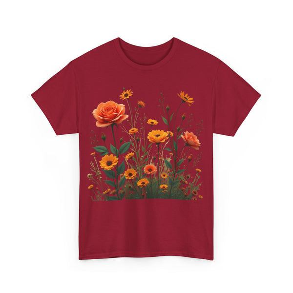 Wildflowers and Orange Roses, Graphic T-Shirts for Women, Floral Shirt, Womens Short Sleeve, Ladies Graphic Tees #5046TTS