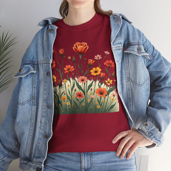 Wildflowers and Orange Roses, Graphic T-Shirts for Women, Floral Shirt, Womens Short Sleeve, Ladies Graphic Tees #5047TTS