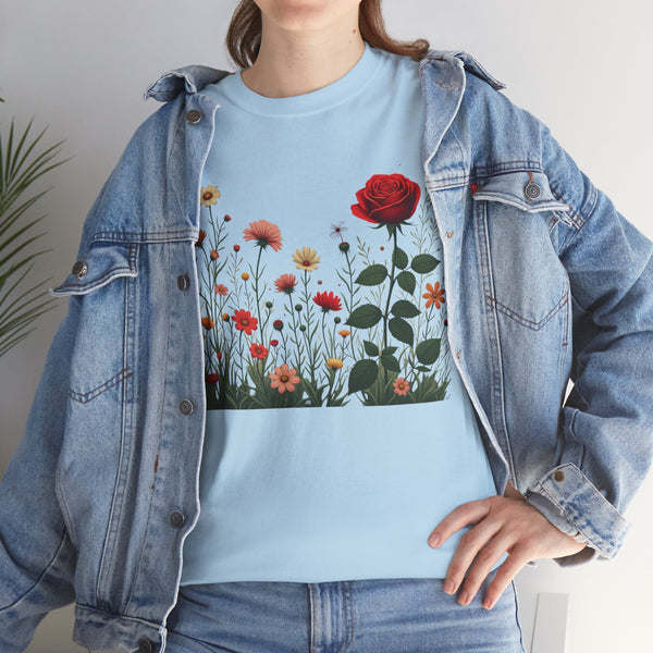 Wildflowers and a Red Rose, Graphic T-Shirts for Women, Floral Shirt, Womens Short Sleeve, Ladies Graphic Tees #5008TTS