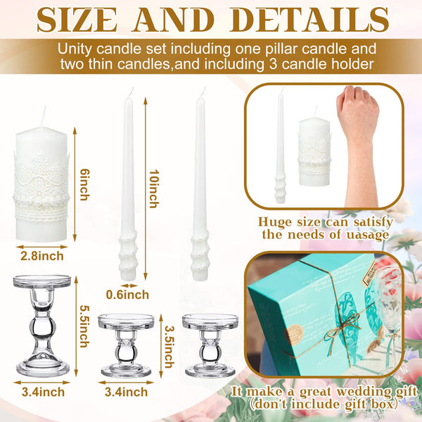 Irenare 3 Unity Candles with Candle Holder for Wedding Ceremony Wedding Accessories for Reception Ceremony Decorative Glass Candle Holder Pillar Candle for Formal Events Wedding Church (Classic Style)