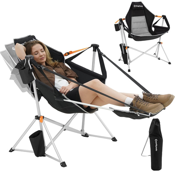 KingCamp Hammock Camping Chair, Aluminum Alloy Adjustable Back Swing Chair, Folding Rocking Chair with Removable Footrest Pillow Cup Holder for Outdoor Beach Lawn