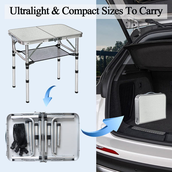 FURFIMU Small Folding Table,3 Adjustable Height Foldable Table,2Ft Portable Camping Table,Outdoor Folding Table with Net Mesh,Folding Beach Table,White Metal Folding Table for Patio BBQ