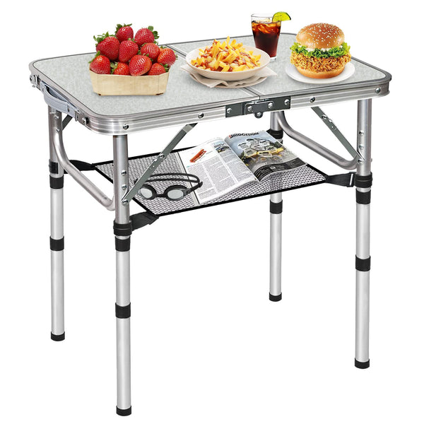 FURFIMU Small Folding Table,3 Adjustable Height Foldable Table,2Ft Portable Camping Table,Outdoor Folding Table with Net Mesh,Folding Beach Table,White Metal Folding Table for Patio BBQ