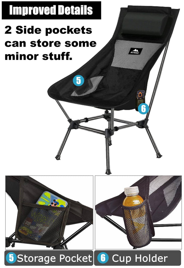 AnYoker Camping Chair Over Size, 2 Way Compact Backpacking Chair, Portable Folding Chair, Beach Chair with Side Pocket and headrest, Lightweight Hiking Chair 0166WBA (Black)