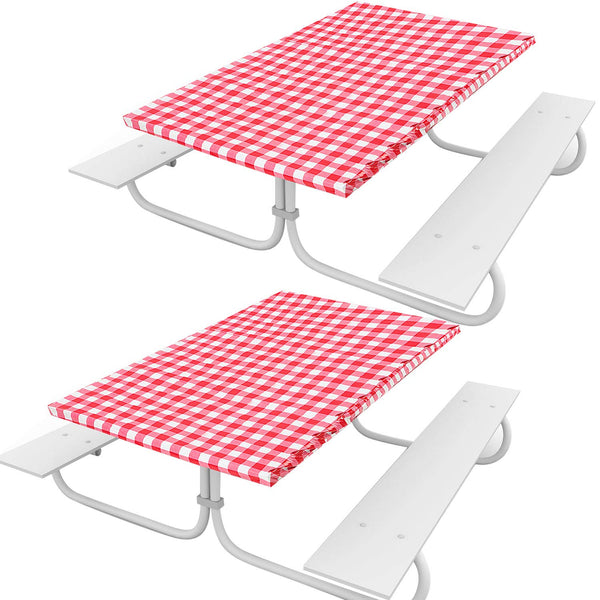 2 Pieces Checkered Vinyl Table Cover for 72 x 30 Inch Tables Gingham Picnic Fitted Tablecloth Flannel Backed Lining Stretched Rectangle Table Cover Elastic Oilproof Waterproof Tablecloth (Red White)