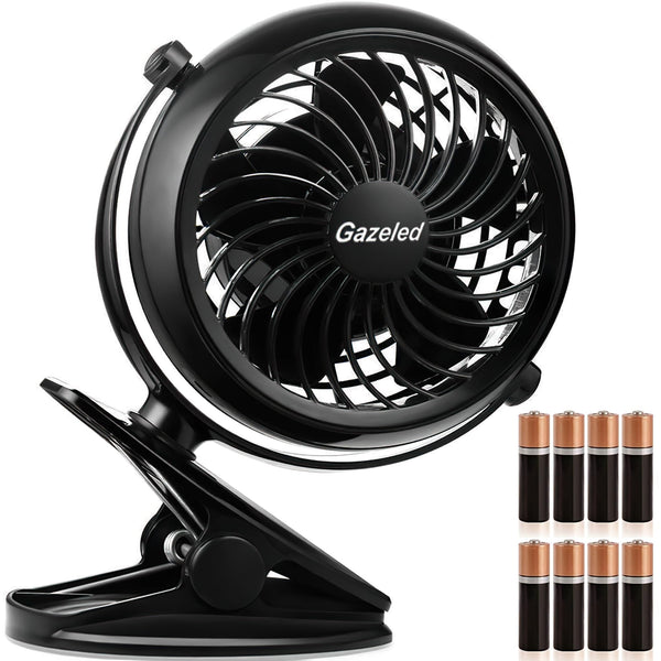 Gazeled Clip on Fan Battery Operated, 360° Rotation, with 8 Free AA Batteries, Quiet USB or Battery Operated Fan, 5'' Portable Battery Powered Clip on Fan for Camping, Stroller, Bedroom, Outdoor