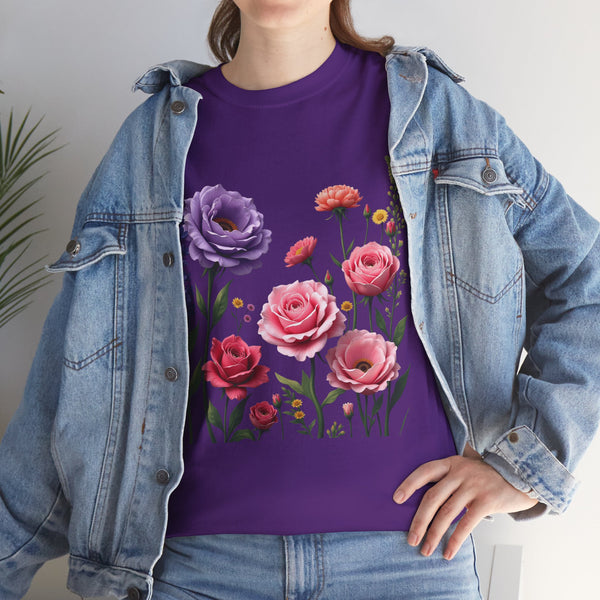 Wildflowers and Pink/Violet Roses, Graphic T-Shirts for Women, Floral Shirt, Womens Short Sleeve, Ladies Graphic Tees #5100TTS