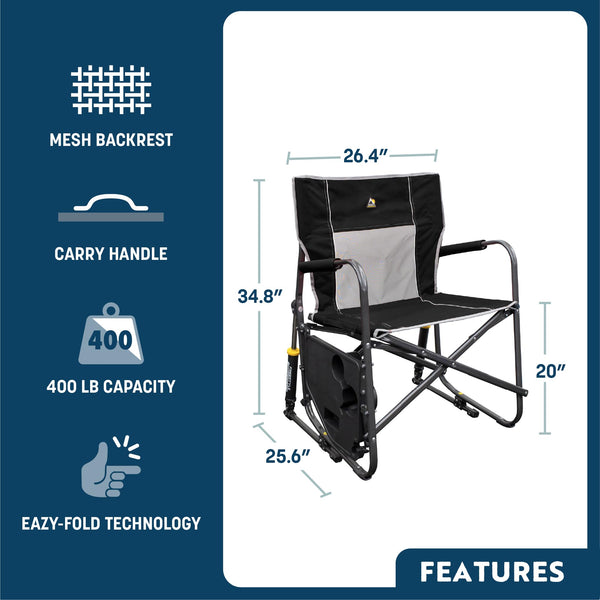 GCI OUTDOOR Freestyle Rocker XL with Side Table Camping Chair | Portable Folding Rocking Chair with Solid, Durable Armrests, Drink Holder & Comfortable Backrest — Black