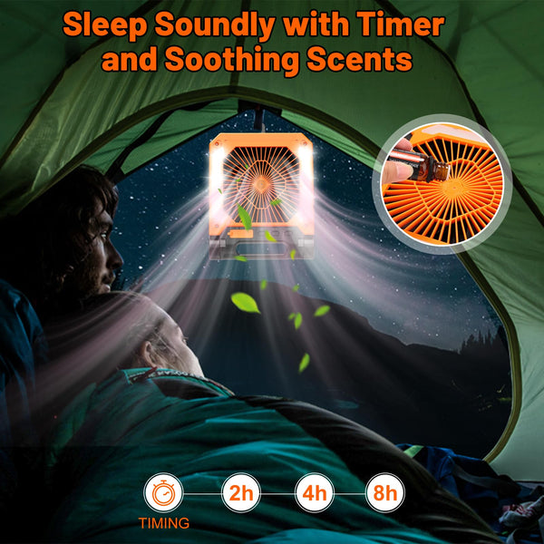 20000mAh Solar Battery Operated Fan for Camping, 3 Speeds Folding Timable Rechargeable Desk Fan with LED & SOS Strobe Light, Hangable USB Charger Port Camping Fan Power Bank for Home Office Travel