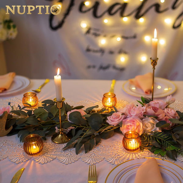 NUPTIO Gold Votive Candle Holders: 12 Pcs Mercury Glass Ribbed Tealight Holder in Pumpkin Shape Metallic Tea Light Votives Candleholders for Christmas Halloween Thanksgiving Easter Holiday Decor