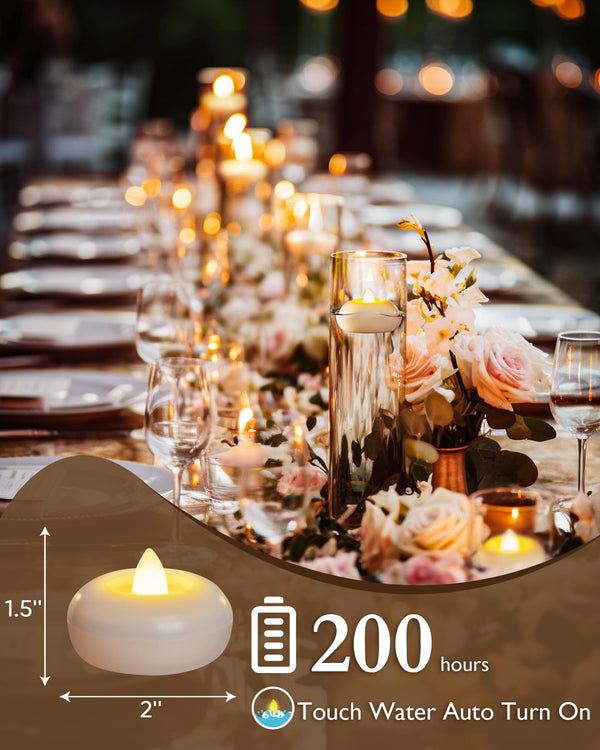 Homemory 24Pack 2β Flameless Led Floating Candles, 200 Hour Plastic Battery Operated Flickering Waterproof Tealights for Cylinder Vases, Centerpieces at Wedding, Party, Pool, Holiday (White Base)