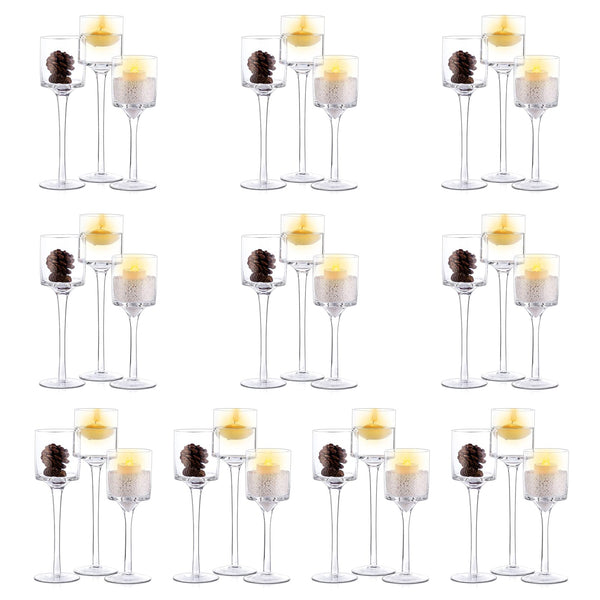 Nuptio Tall Glass Pillar Candle Holder - 30 Pcs Tea Light Candle Holder Set for Table Centerpiece Decor Long Stem Tealight Candle Holders Clear Floating Candle Holder for Wedding Event Home