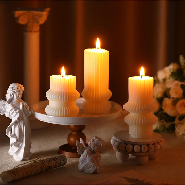 MTLEE 3 Pcs Small Ribbed Pillar Candles Ribbed Candle Soy Wax Scented Pillar Candle Aesthetic Candle Modern Geometric Candle Tall Pillar Candle Modern Home Decor for Bathroom Living Room(White)