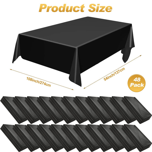 Shimeyao 48 Pcs Disposable Plastic Tablecloth Bulk 54 x 108 Inch Rectangle Tablecover for Wedding Birthday Picnic Engagement Graduation Party Rectangular Plastic Tablecloth for Indoor(Black)