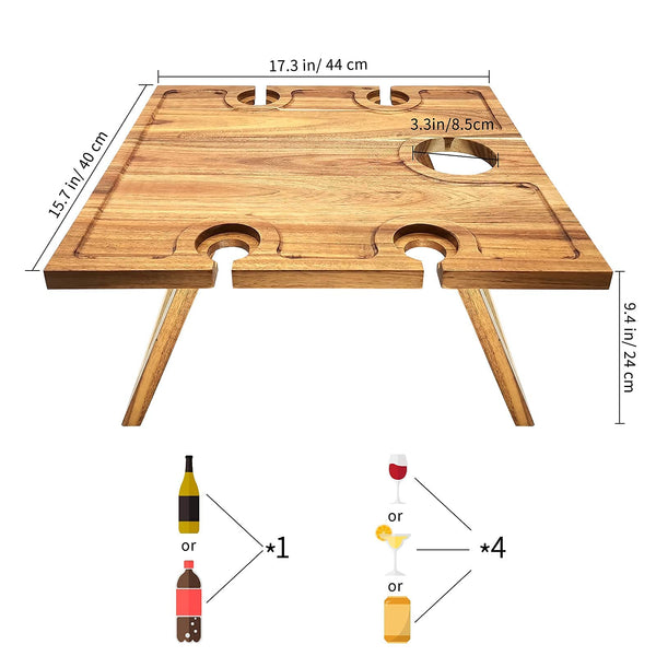 SASIDO Portable Wine Picnic Table, Wine Tray Foldable, Acacia Wood, Charcuterie Board Tray, Bed Tray for Eating, Wine Gift Beach Party, Camping, Concerts at Park, Glamping