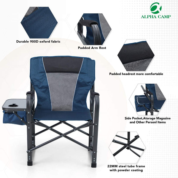 ALPHA CAMP Director Chair with Side Table Heavy Duty Portable Chair with Cup Holder Cooler Bag Steel Outdoor Folding Chair for Adults Oversized Lawn Chair for Camping, Picnic,Capacity-350 lbs