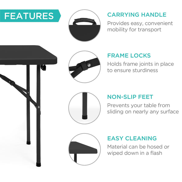 Best Choice Products 4ft Plastic Folding Table, Indoor Outdoor Heavy Duty Portable w/Handle, Lock for Picnic, Party, Camping - Black