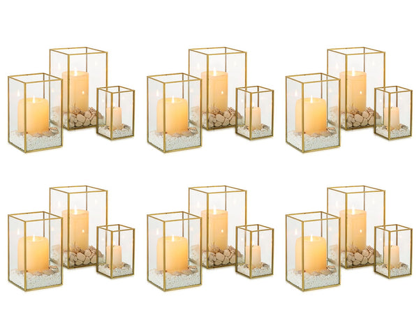 NUPTIO Candle Lantern for Wedding Centerpiece: 18 Pcs Clear Hurricane Glass Pillar Candles Holder with Gold Frame Bulk Decorative Candle Lanterns for Christmas Dining Table Decor 8.1 & 6.5 & 4.7 inch