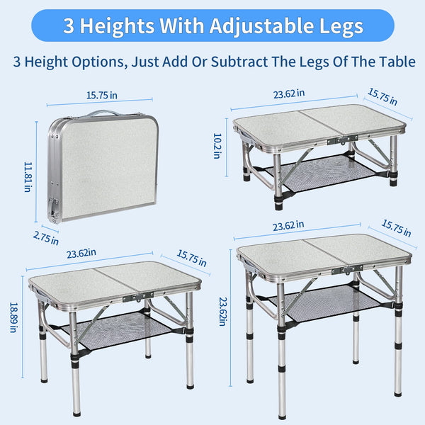 FURFIMU Small Folding Table,3 Adjustable Height Foldable Table,2Ft Portable Camping Table,Outdoor Folding Table with Net Mesh,Folding Beach Table,White Metal Folding Table for Patio BBQ