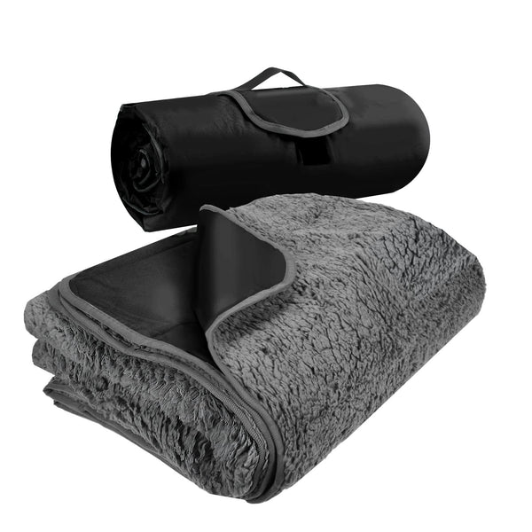 Tirrinia Outdoors Waterproof Blanket, Sherpa Fleece Stadium Windproof Throw Mat for Camping, Picnic, Traveling, Boat, Football - Machine Washable, Black