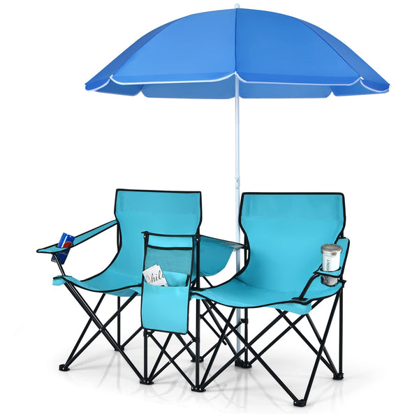 COSTWAY Double Portable Picnic, Folding w/Detachable Umbrella, Cooler Bag, Cup Holders, Patio Beach Chairs for Outdoors Camping Furniture, Turquoise