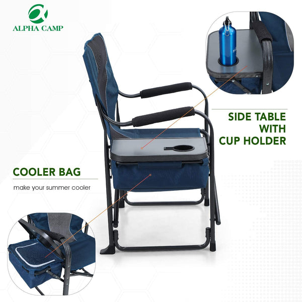 ALPHA CAMP Director Chair with Side Table Heavy Duty Portable Chair with Cup Holder Cooler Bag Steel Outdoor Folding Chair for Adults Oversized Lawn Chair for Camping, Picnic,Capacity-350 lbs