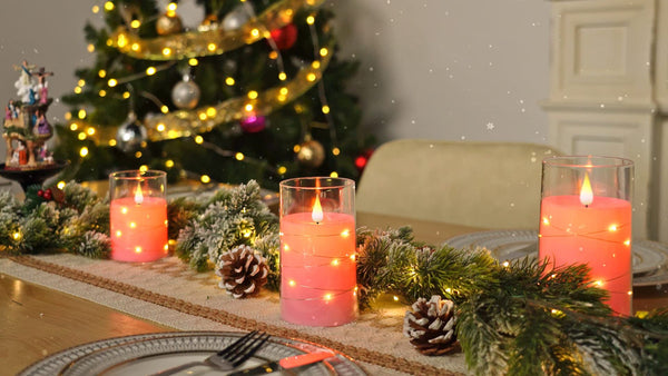 Homemory Flickering Flameless Candles with String Lights, Battery Operated Candles, Embedded String Lights LED Candles, Unbreakable Plexiglass Candles with Remote, Set of 3, Pink