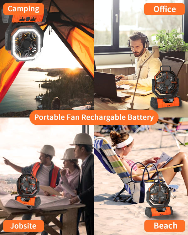 ADUST Camping Fan Battery Operated Powered Fan with LED Lantern Light 20000mAh Rechargeable Portable Fan, Oscillating Fan with 360ยฐ Rotation Hanging Hook for Tents, Cordless USB Desk Fan(Orange)