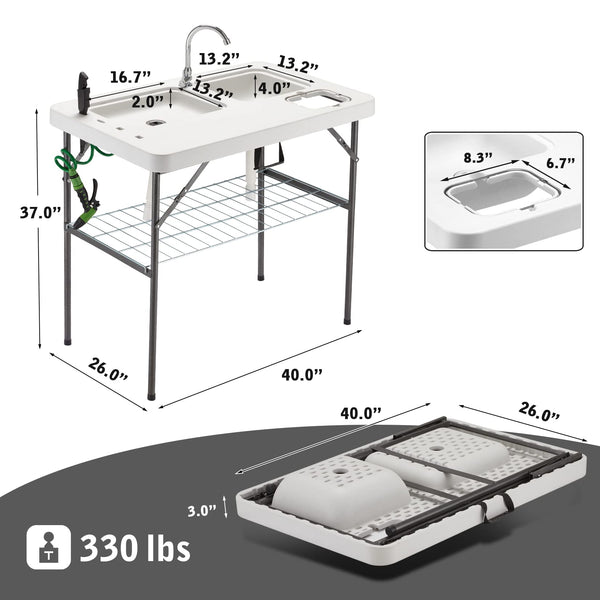 Hupmad 37" Folding Fish Cleaning Table w/Double Sinks & Faucet, Outdoor Portable Fillet Station w/Grid Frame, Knife & Standard Garden Spray Nozzle, Multifunctional Washing Table for Camping or Kitchen