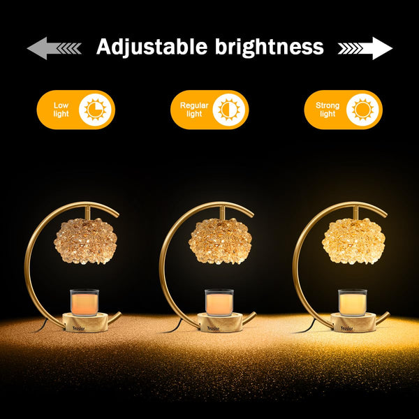 Yeuslor Candle Warmer Lamp for Jar Candles with Adjustable Brightness&Timer,Handcrafted Crystal&Wooden Base,Candle Lamp Luxurious Design+2Bulbs,Home Decoration Electric Candle lamp(Gold C-Shaped)